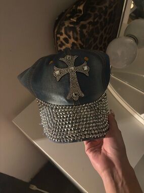 Rhinestone Embellished Denim Cap with Cross